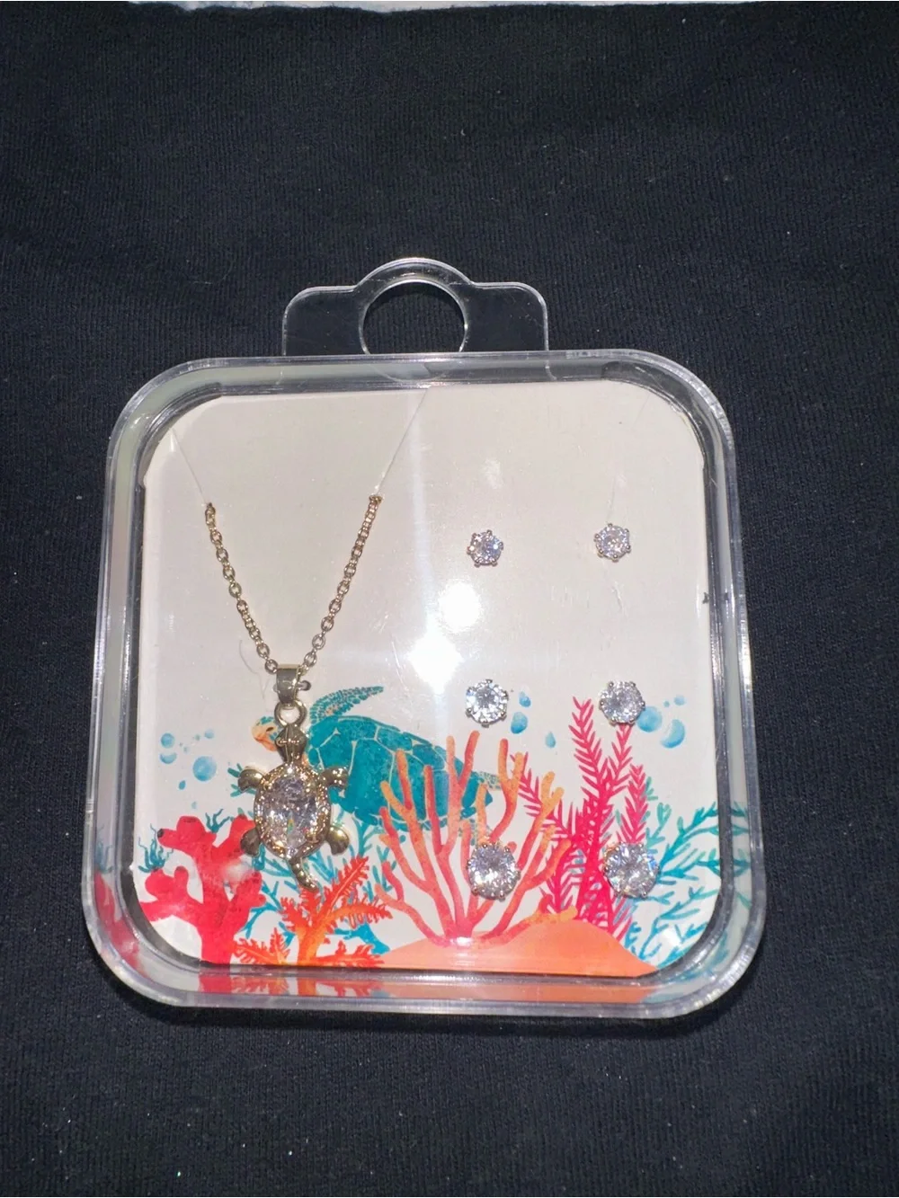 Gold Turtle Pendant Necklace with Crystal Stud Earring Set - Gold